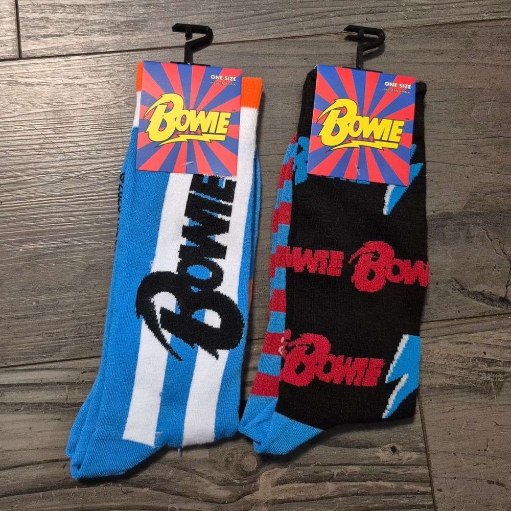 David Bowie Socks 2 Pair Bundle Blue White Striped Black Red Lightning Bolt New